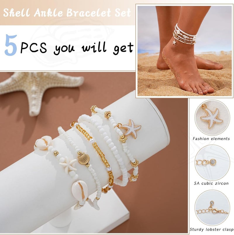 Shall Shell Boho Shell Ankle Bracelet Set for Women, 5 Pairs 14K Boho Bead Handmade Adjustable Anklet, Hawaiian Beach Seashell Starfish Foot Jewelry Gifts - Image 4